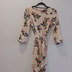 H&M Cream Midi Dress with Blue Butterfly & Green Leaf Print